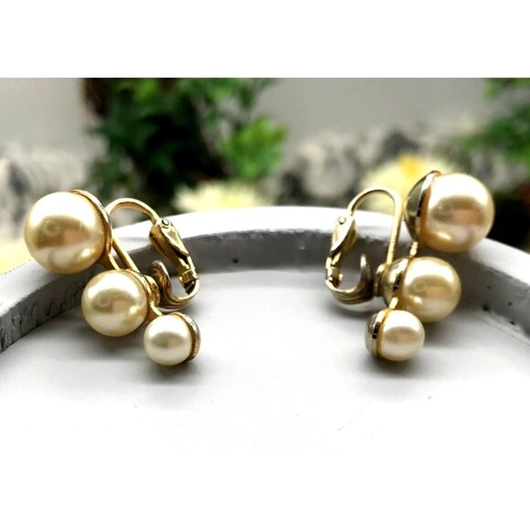 Vintage Gold-Tone Triple Faux Pearl Clip-On Earrings by Sarah Cov - Picture 1 of 5